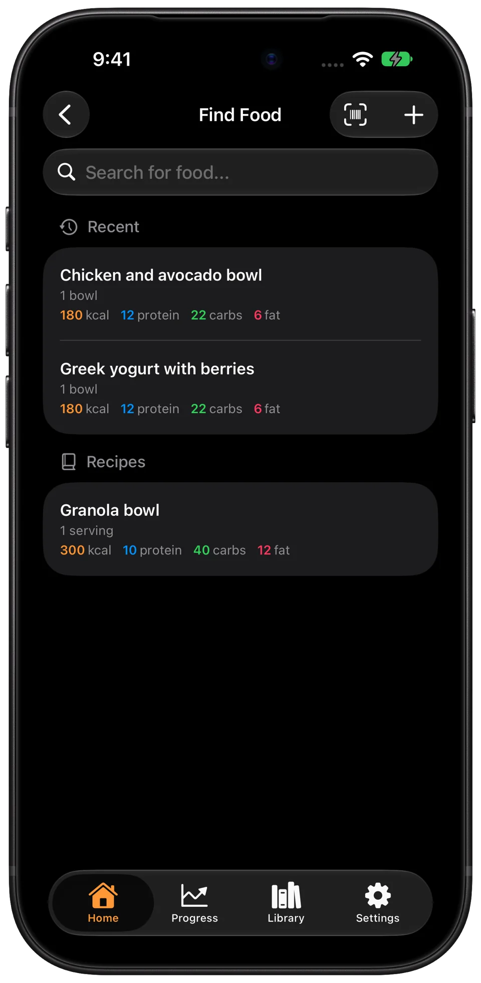 Calorimeter 2.0 food search with recent foods, saved recipes and a barcode scanner.