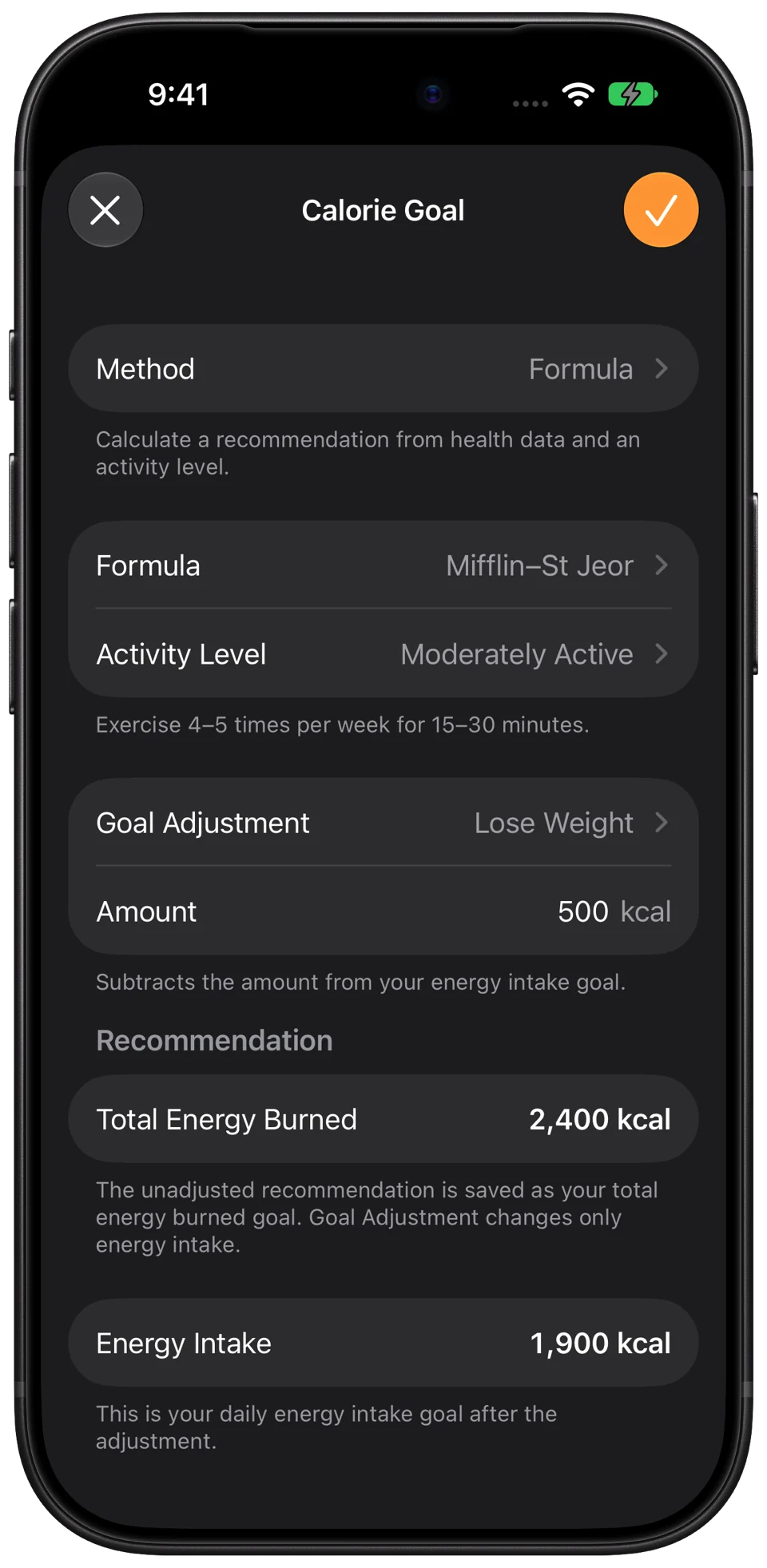 Calorimeter 2.0 calorie goal setup with an activity level and separate intake and total-burn targets.