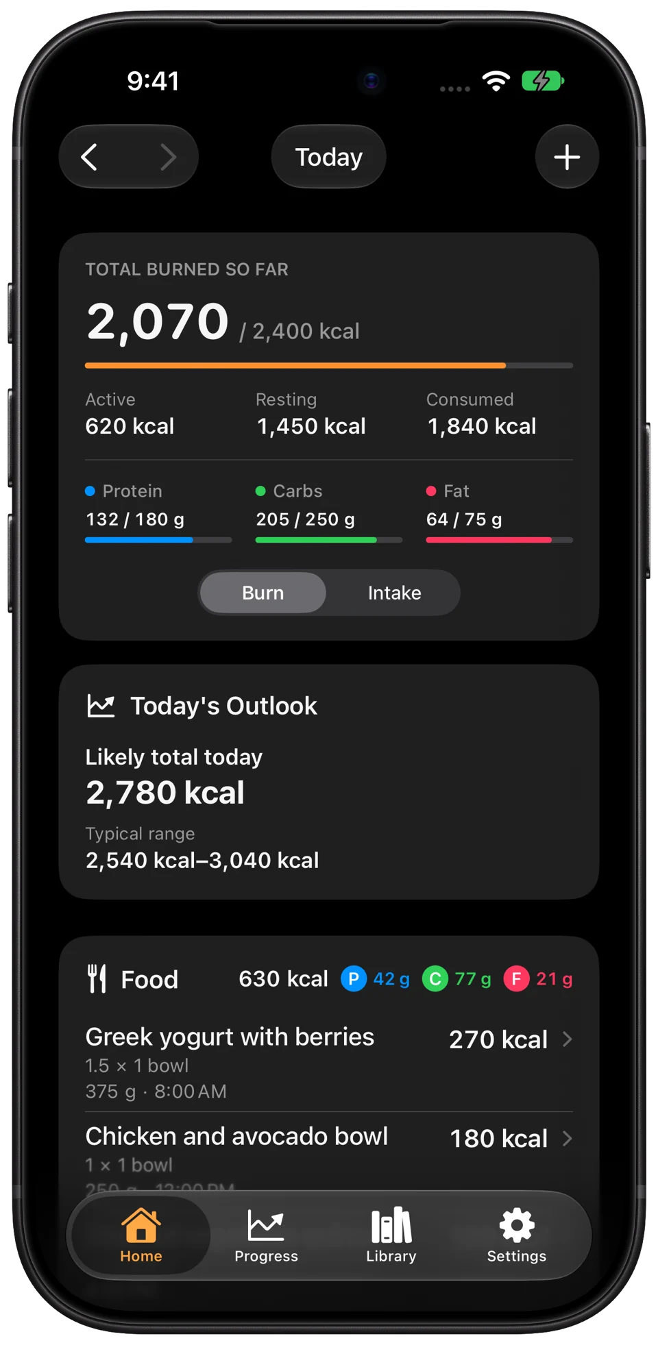 Calorimeter 2.0 showing total calorie burn, active and resting energy, food intake, macros and today's burn outlook.